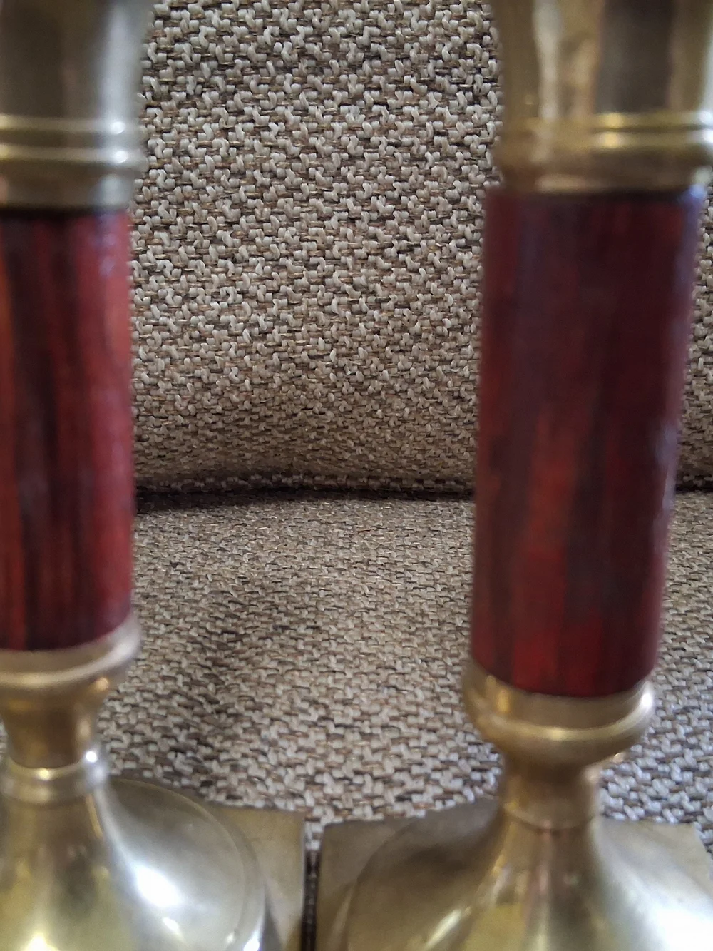 Vintage Pair Brass & Wood Taper Candlestick Holders